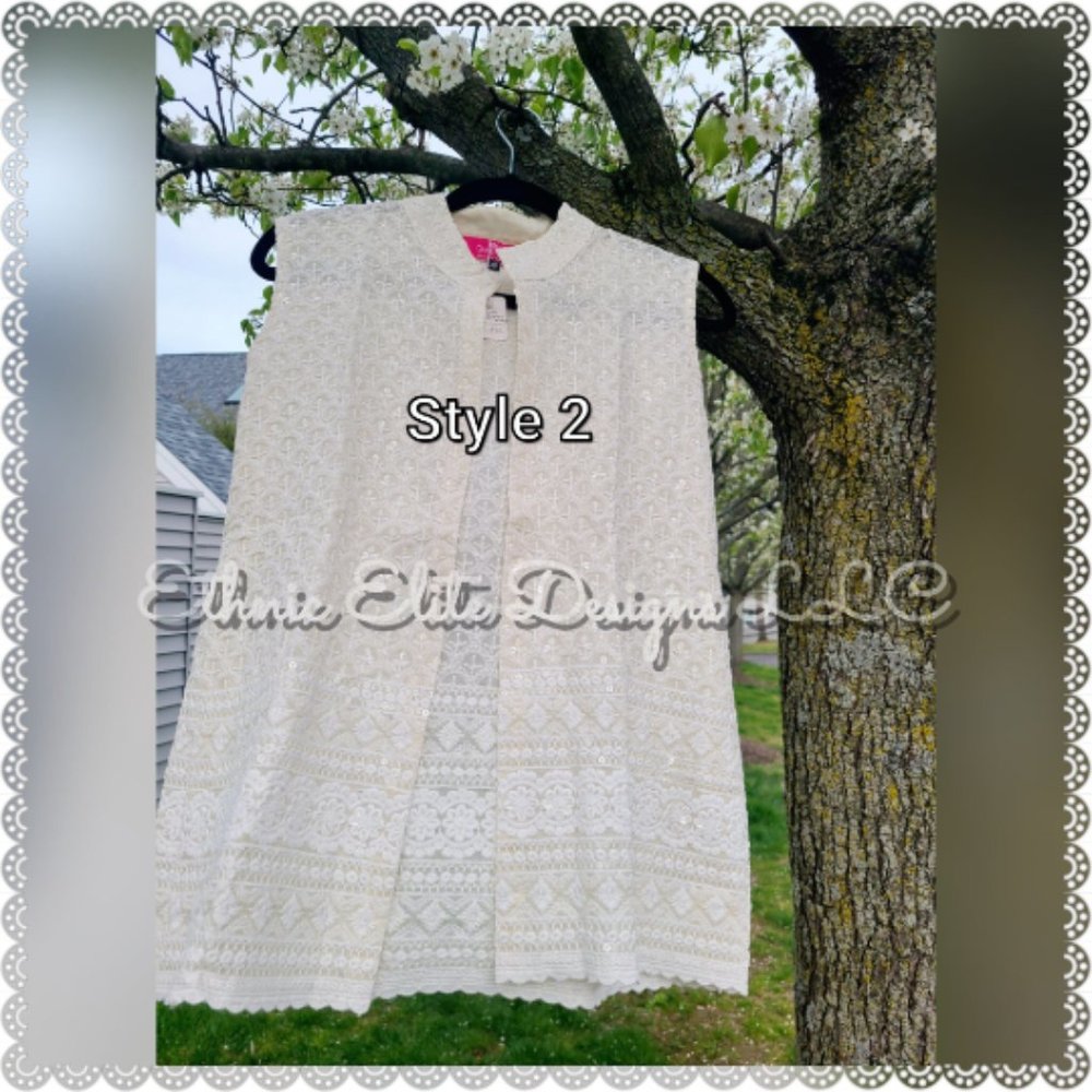 New Off-White Chikankari Vest - Embroidered Work Nehru Jacket - Closed Colla… - Picture 5 of 10
